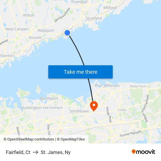 Fairfield, Ct to St. James, Ny map