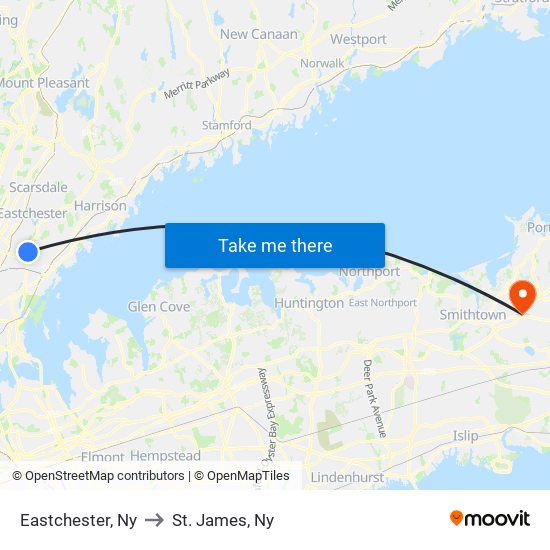 Eastchester, Ny to St. James, Ny map