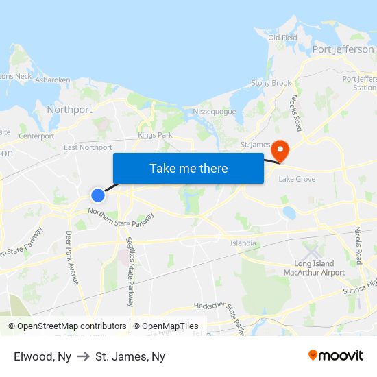 Elwood, Ny to St. James, Ny map