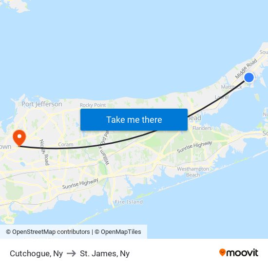 Cutchogue, Ny to St. James, Ny map