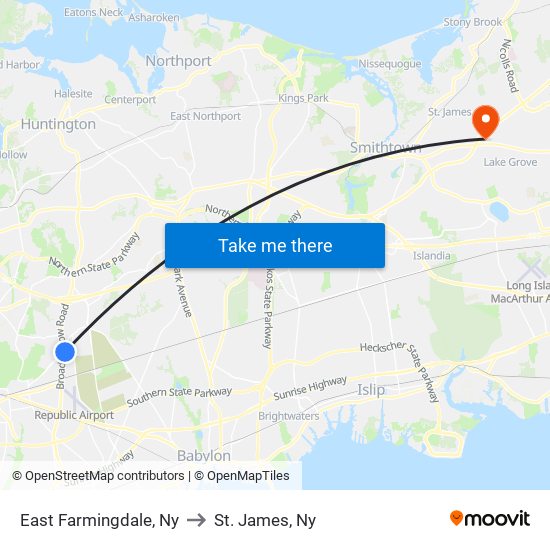 East Farmingdale, Ny to St. James, Ny map