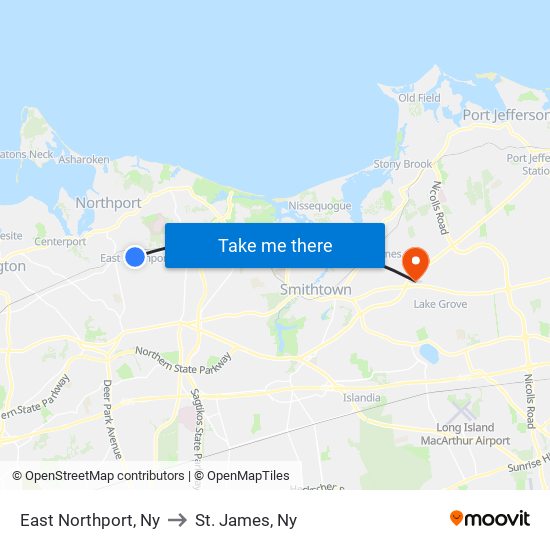 East Northport, Ny to St. James, Ny map