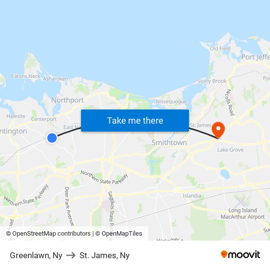Greenlawn, Ny to St. James, Ny map