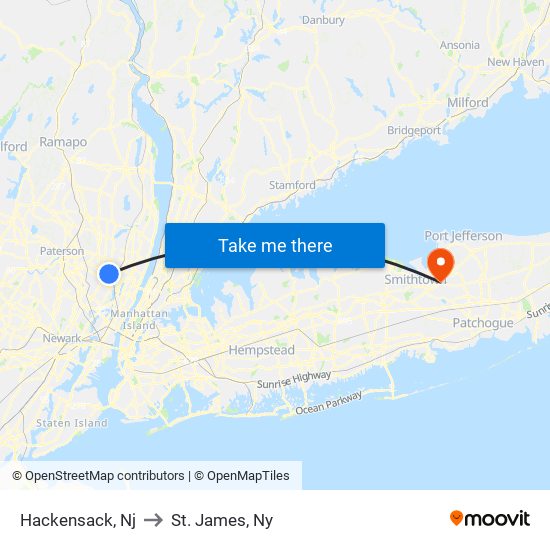 Hackensack, Nj to St. James, Ny map