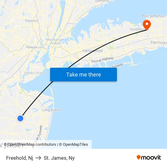 Freehold, Nj to St. James, Ny map