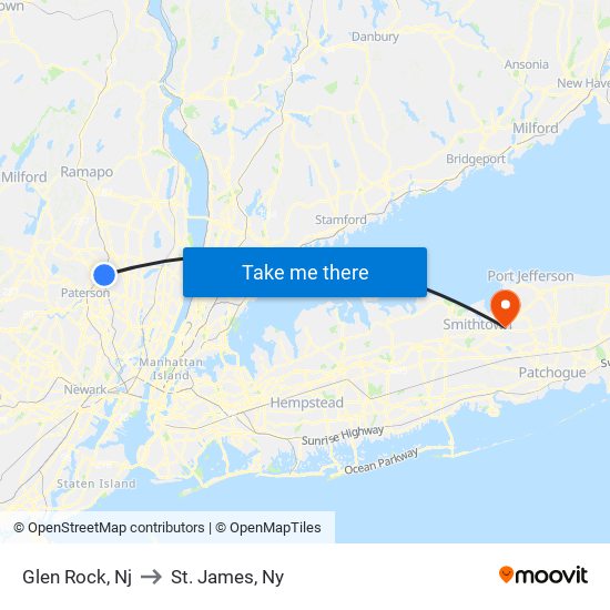 Glen Rock, Nj to St. James, Ny map