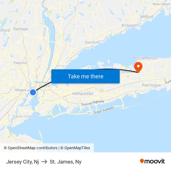 Jersey City, Nj to St. James, Ny map