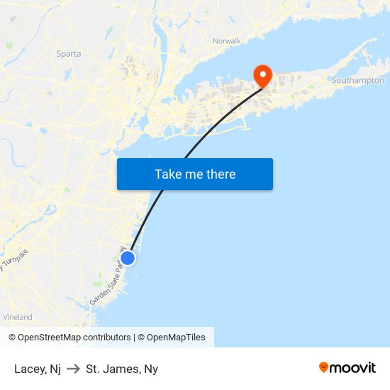 Lacey, Nj to St. James, Ny map