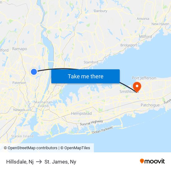 Hillsdale, Nj to St. James, Ny map