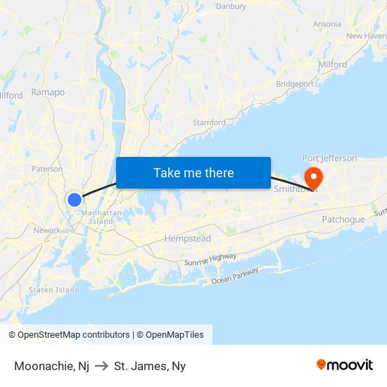 Moonachie, Nj to St. James, Ny map