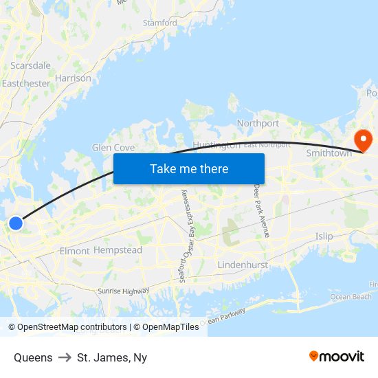 Queens to St. James, Ny map