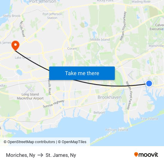 Moriches, Ny to St. James, Ny map