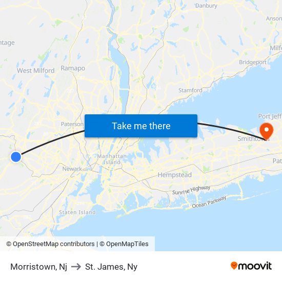 Morristown, Nj to St. James, Ny map