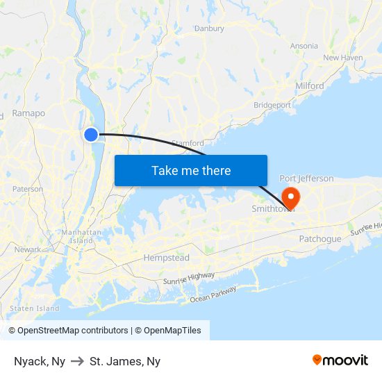 Nyack, Ny to St. James, Ny map