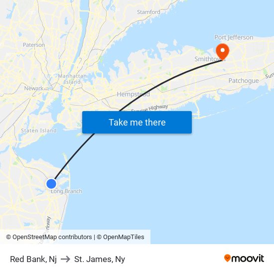 Red Bank, Nj to St. James, Ny map