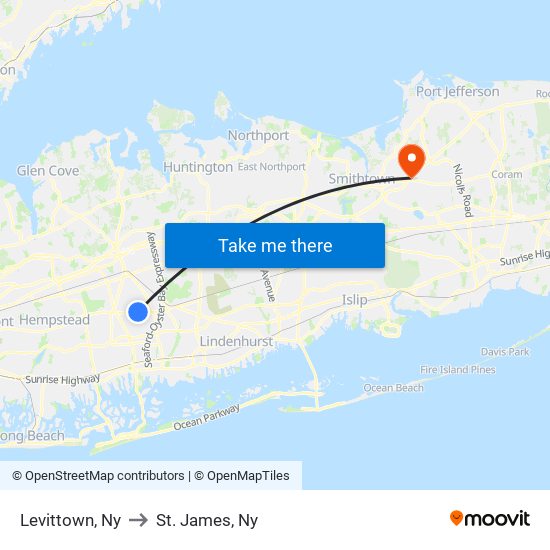 Levittown, Ny to St. James, Ny map