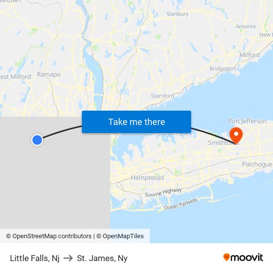 Little Falls, Nj to St. James, Ny map