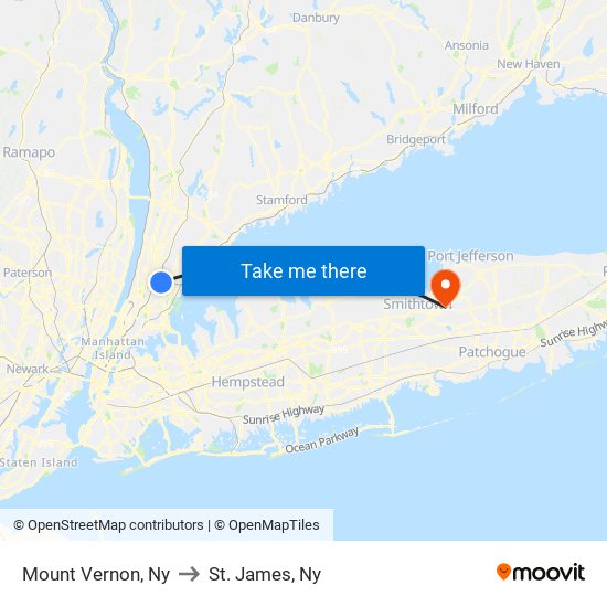 Mount Vernon, Ny to St. James, Ny map