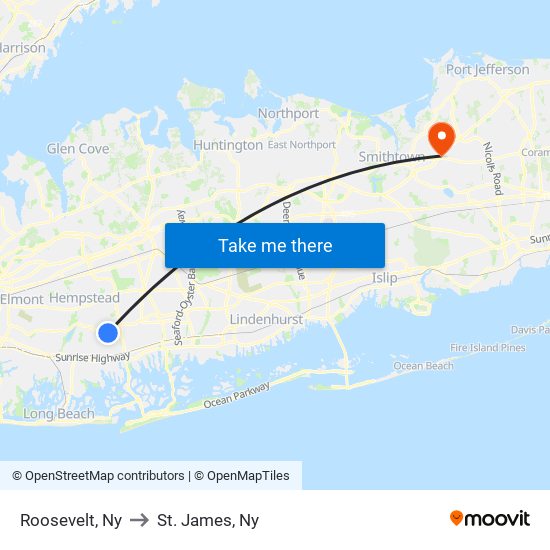 Roosevelt, Ny to St. James, Ny map