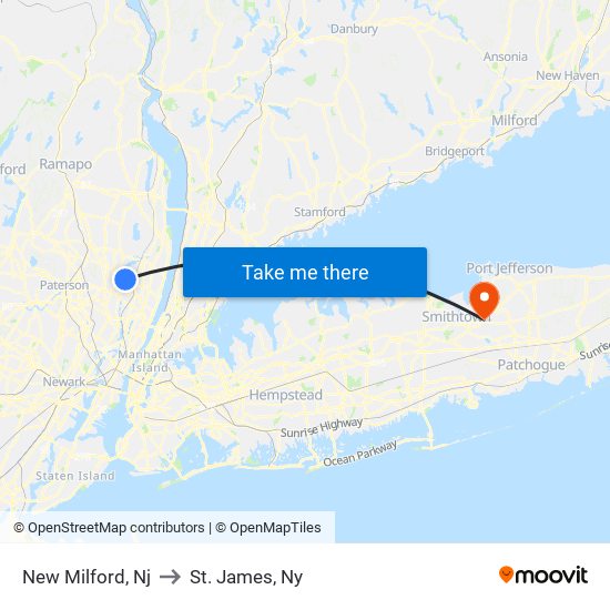 New Milford, Nj to St. James, Ny map