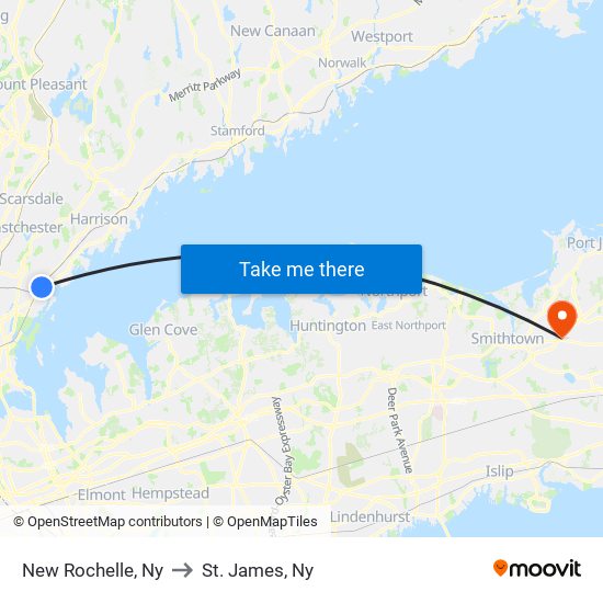New Rochelle, Ny to St. James, Ny map