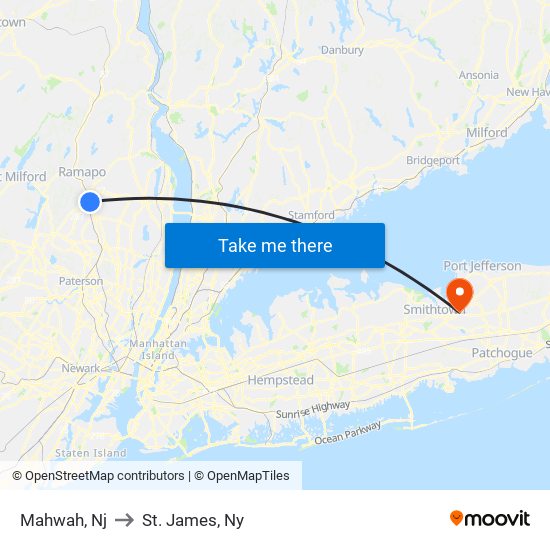 Mahwah, Nj to St. James, Ny map