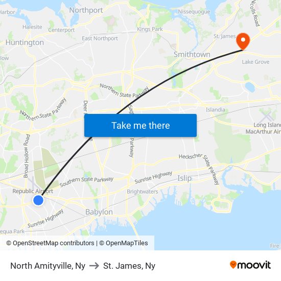 North Amityville, Ny to St. James, Ny map