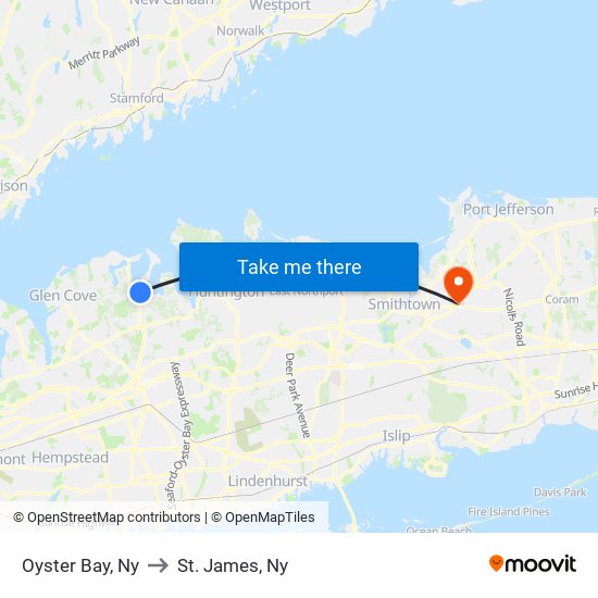 Oyster Bay, Ny to St. James, Ny map