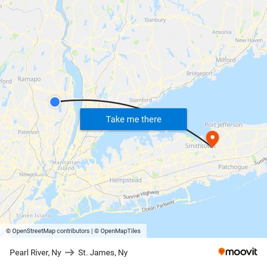 Pearl River, Ny to St. James, Ny map