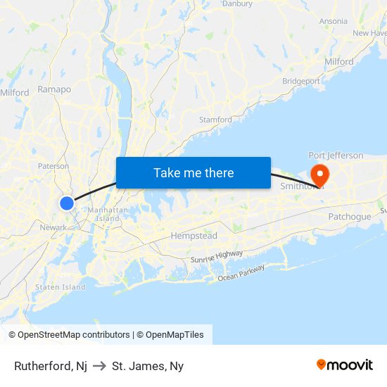 Rutherford, Nj to St. James, Ny map