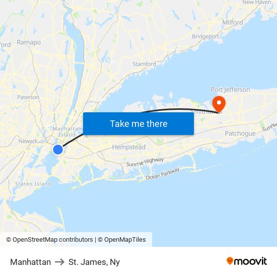 Manhattan to St. James, Ny map