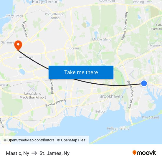 Mastic, Ny to St. James, Ny map
