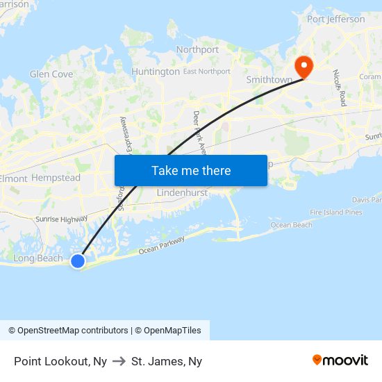 Point Lookout, Ny to St. James, Ny map