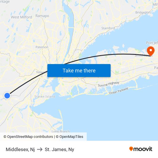 Middlesex, Nj to St. James, Ny map