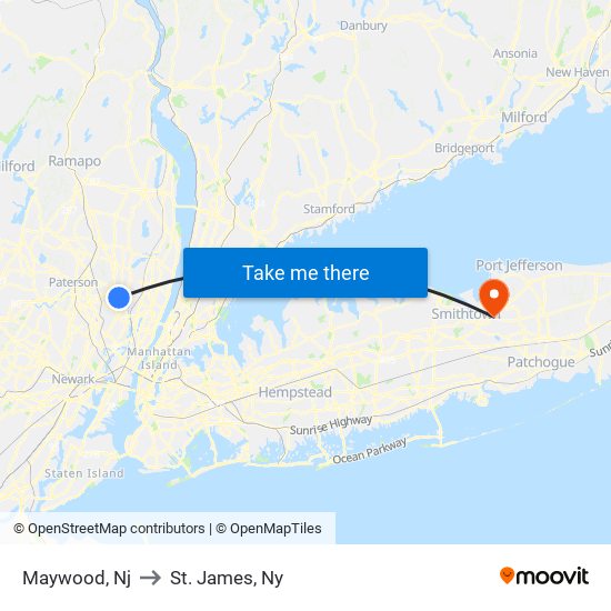 Maywood, Nj to St. James, Ny map