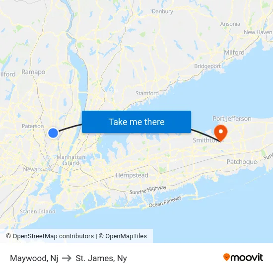 Maywood to St. James, Ny map