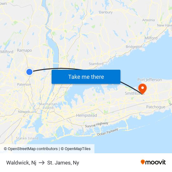 Waldwick, Nj to St. James, Ny map