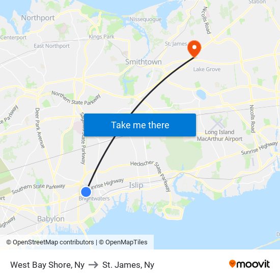 West Bay Shore, Ny to St. James, Ny map