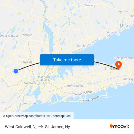West Caldwell, Nj to St. James, Ny map