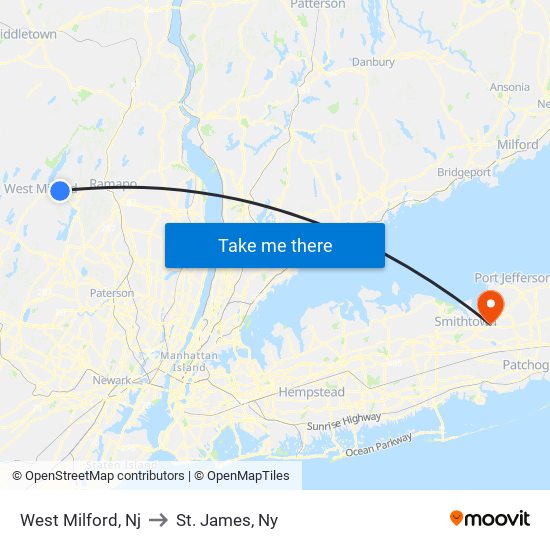 West Milford, Nj to St. James, Ny map