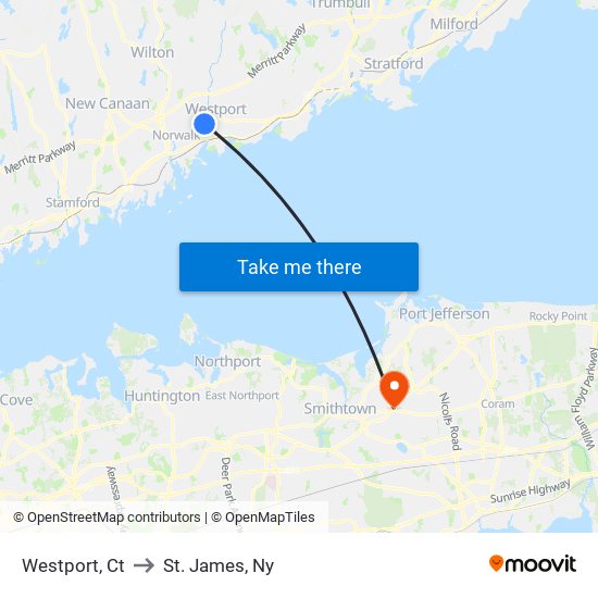 Westport, Ct to St. James, Ny map