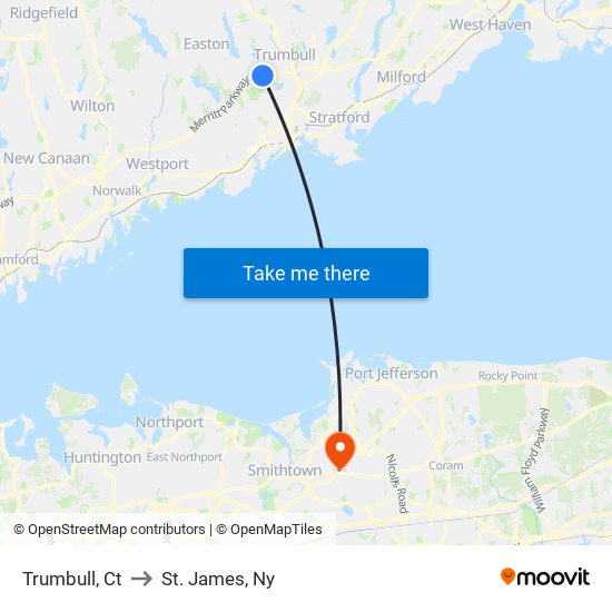 Trumbull, Ct to St. James, Ny map