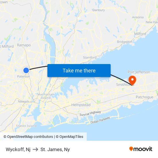 Wyckoff, Nj to St. James, Ny map