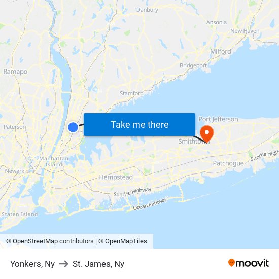 Yonkers, Ny to St. James, Ny map