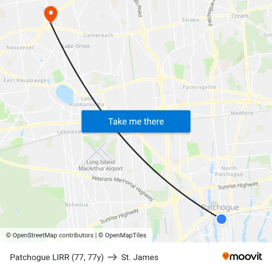 Patchogue LIRR (77, 77y) to St. James map
