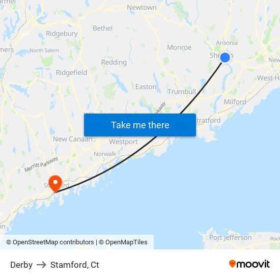 Derby to Stamford, Ct map