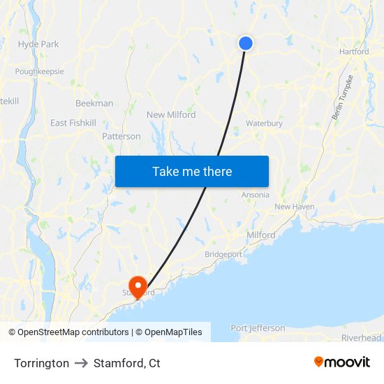 Torrington to Stamford, Ct map