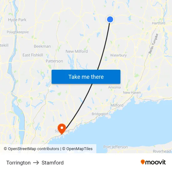 Torrington to Stamford map
