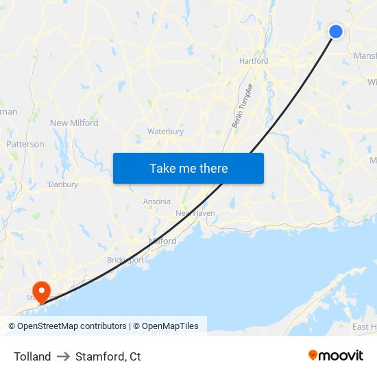 Tolland to Stamford, Ct map