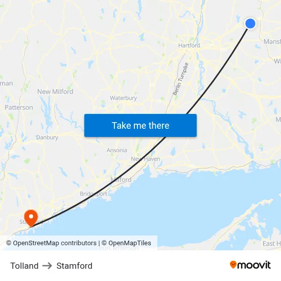 Tolland to Stamford map